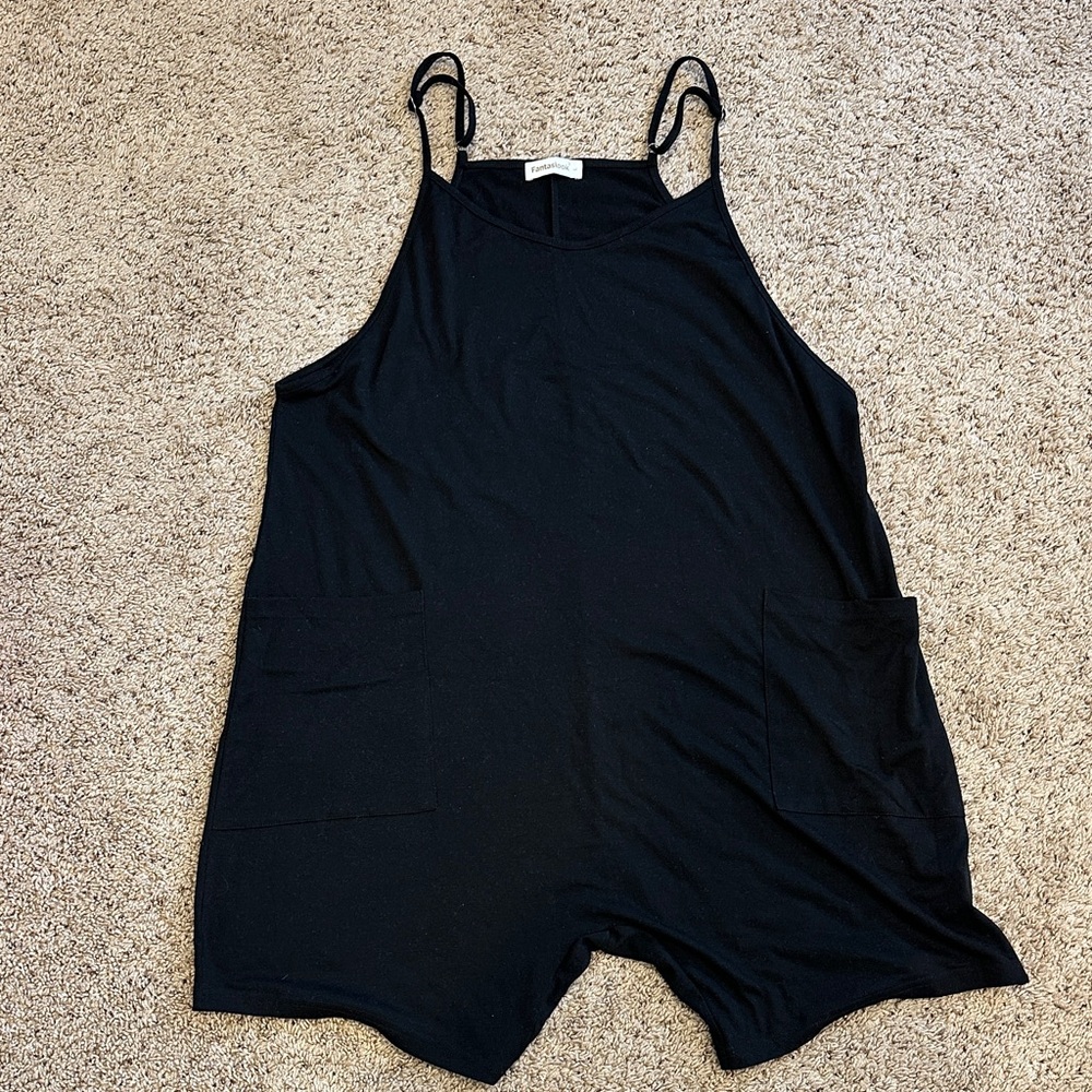 Fantaslook Romper, Loose Spaghetti Strap Overall Shorts w Pockets, Black, Size L